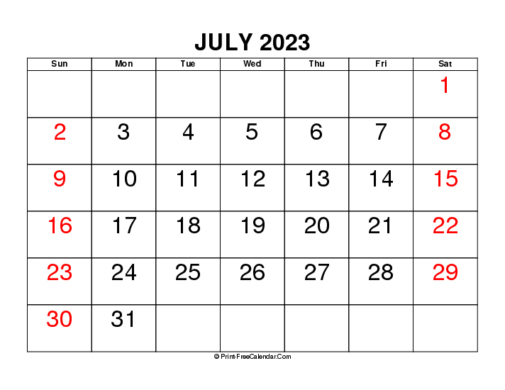 july 2023 calendar large font sunday start landscape