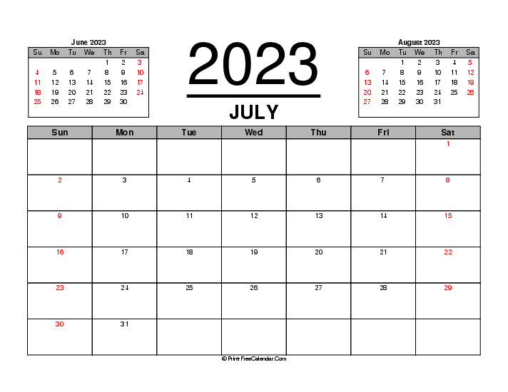july 2023 calendar previous next month sunday start landscape