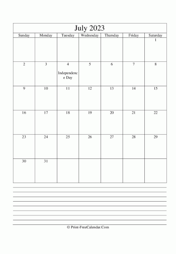 july 2023 calendar printable with notes vertical layout