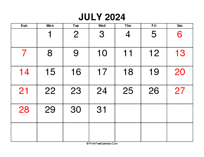 july 2024 calendar with large font