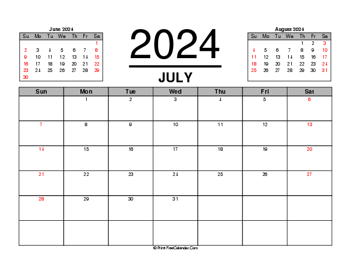 july 2024 calendar with previous and next month