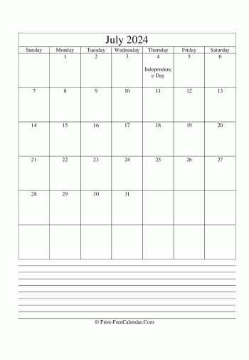 july 2024 calendar printable with notes vertical layout