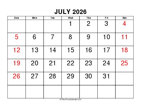 July 2026 Calendars