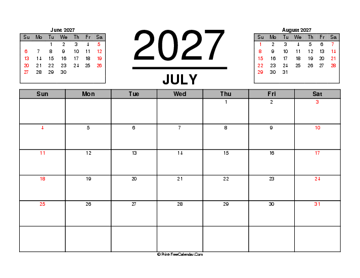 july 2027 calendar previous next month sunday start landscape