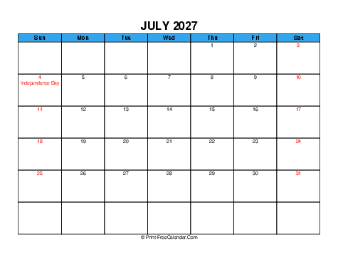 July 2027 USA Calendars