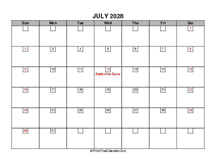 July 2028 Boxy Calendar With Uk Bank Holidays Sunday Start, Landscape Layout