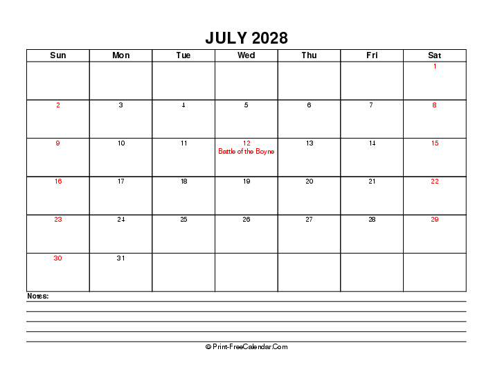 July 2028 Editable Calendar With Uk Bank Holidays Sunday Start, Landscape Layout