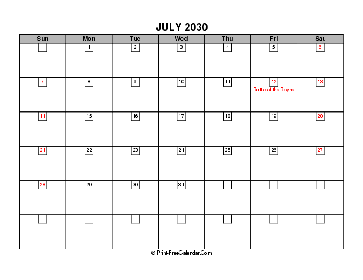July 2030 Boxy Calendar With Uk Bank Holidays Sunday Start, Landscape Layout