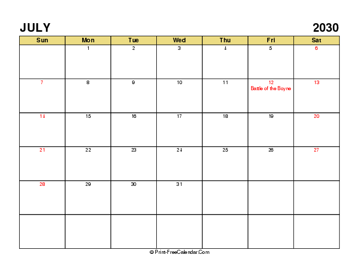 July 2030 Calendar With Uk Bank Holidays Sunday Start, Landscape Layout