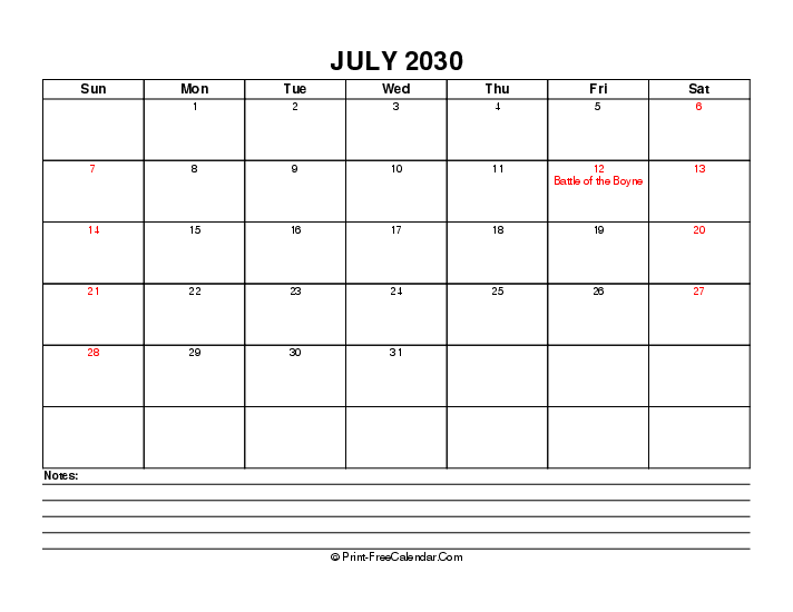 July 2030 Editable Calendar With Uk Bank Holidays Sunday Start, Landscape Layout
