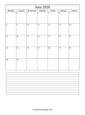 june 2020 calendar printable with notes (vertical layout)