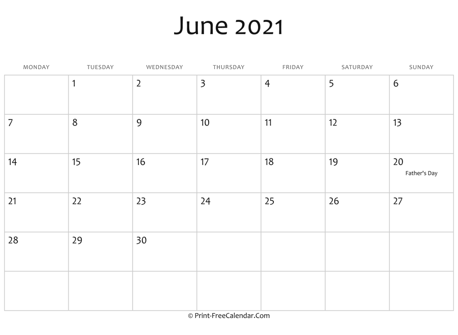 June 2021 Editable Calendar with Holidays