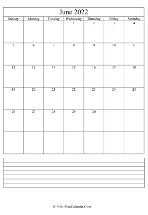 june 2022 calendar printable with notes (vertical layout)
