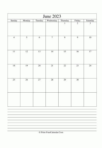 june 2023 calendar printable with notes vertical layout
