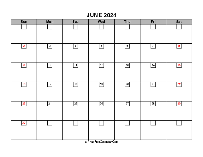 june 2024 boxy calendar with uk-bank holidays, week start on sunday, Landscape orientation
