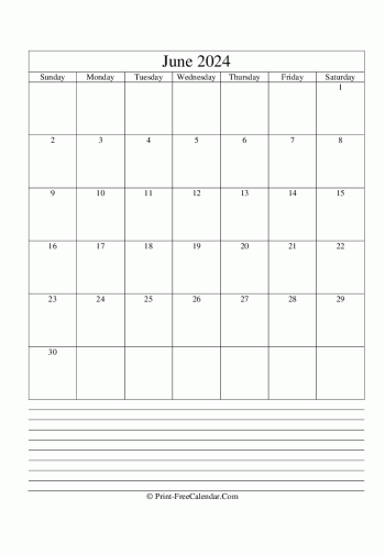 june 2024 calendar printable with notes vertical layout