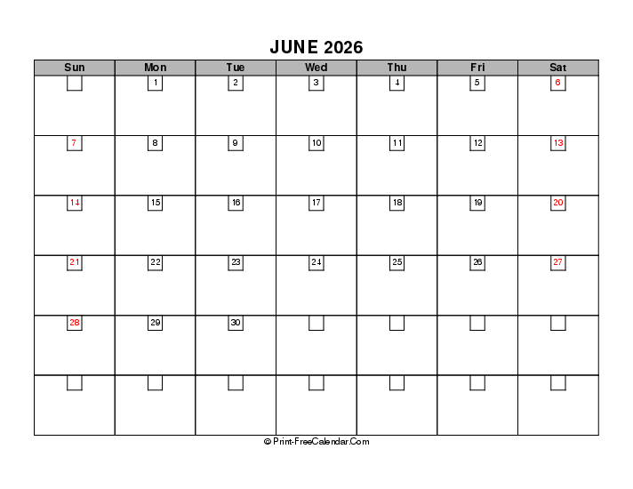 june 2026 boxy calendar with uk-bank holidays, week start on sunday, Landscape orientation