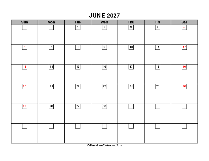june 2027 boxy calendar with usa holidays, week start on sunday, Landscape orientation