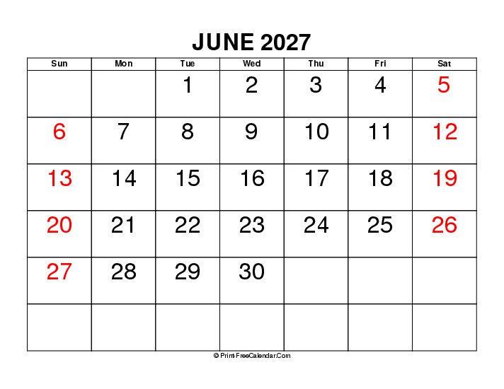 June 2027 Calendar Large Font Sunday Start, Landscape Layout