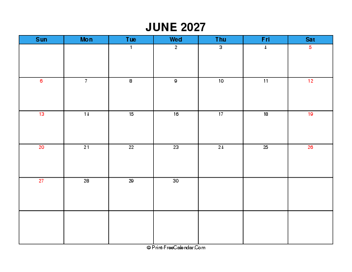 june 2027 calendar with usa holidays, week start on sunday, Landscape orientation