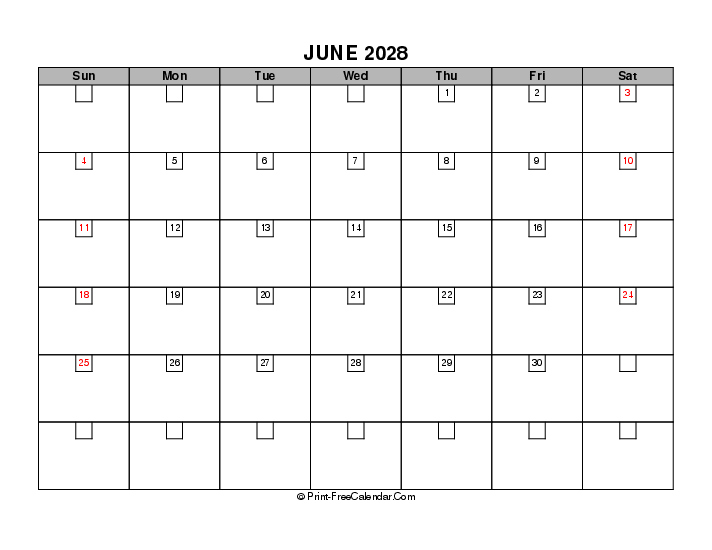 june 2028 boxy calendar with uk-bank holidays, week start on sunday, Landscape orientation
