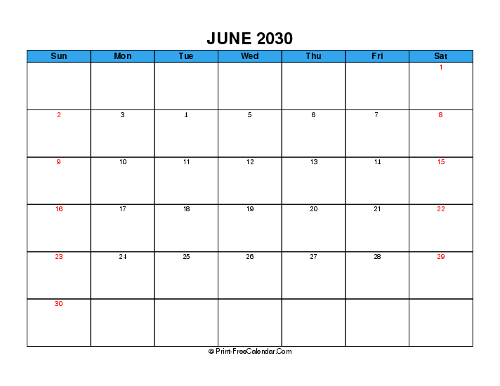 june 2030 calendar with usa holidays, week start on sunday, Landscape orientation