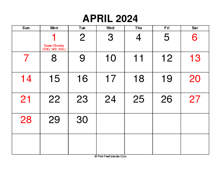 large font april 2024 calendar with uk-bank holidays, week start on sunday, Landscape orientation