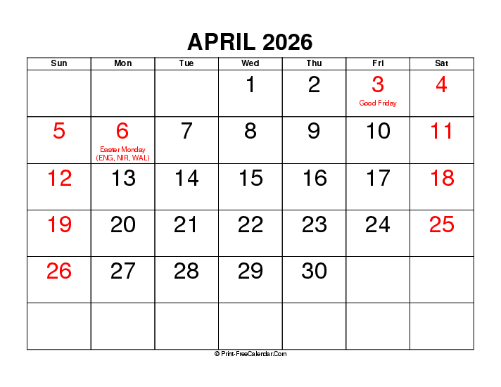 Large Font April 2026 Calendar With Uk Bank Holidays Sunday Start, Landscape Layout
