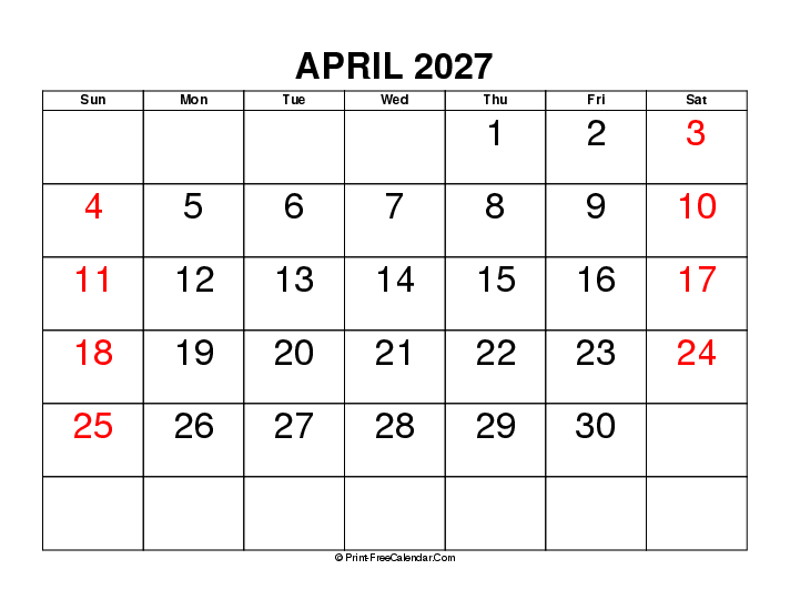 large font april 2027 calendar with uk-bank holidays, week start on sunday, Landscape orientation