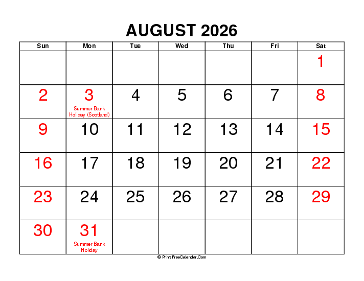 large font august 2026 calendar with uk-bank holidays, week start on sunday, Landscape orientation