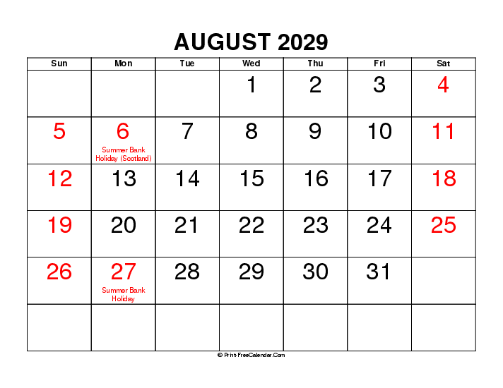 Large Font August 2029 Calendar With Uk Bank Holidays Sunday Start, Landscape Layout