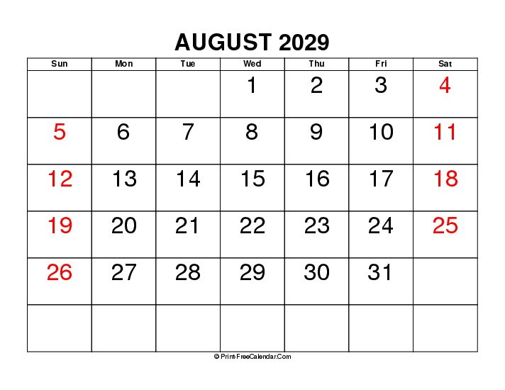 Large Font August 2029 Calendar With Usa Holidays Sunday Start, Landscape Layout