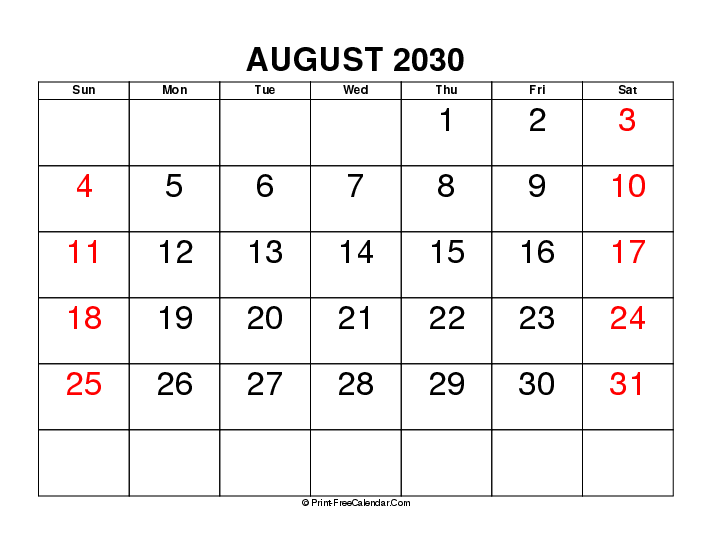 large font august 2030 calendar with usa holidays, week start on sunday, Landscape orientation