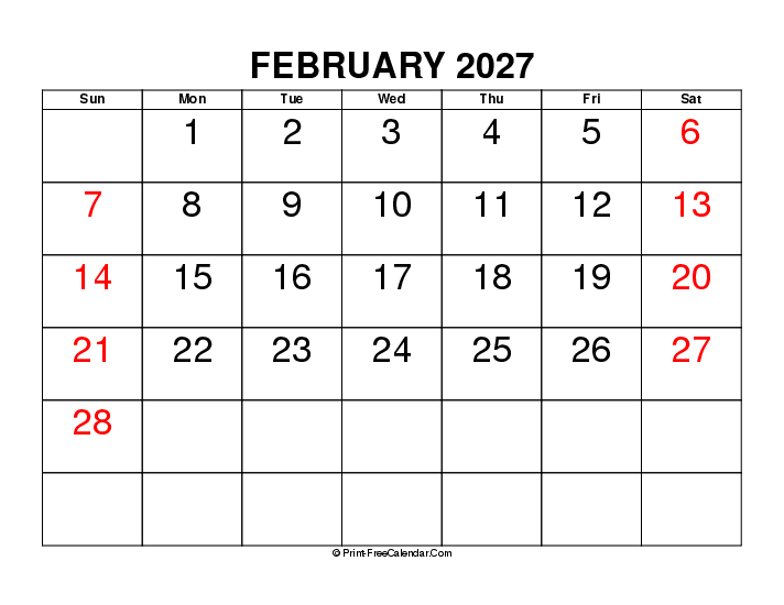 large font february 2027 calendar with uk-bank holidays, week start on sunday, Landscape orientation