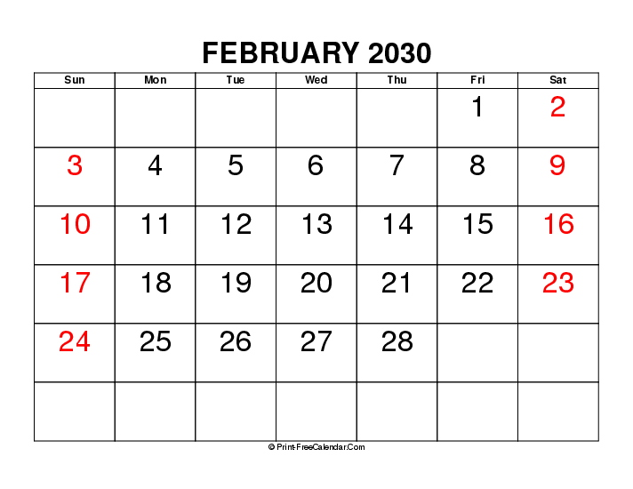 large font february 2030 calendar with uk-bank holidays, week start on sunday, Landscape orientation