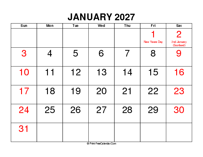 large font january 2027 calendar with uk-bank holidays, week start on sunday, Landscape orientation