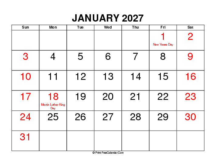 Download Large Font January 2027 Calendar With Usa Holidays Sunday Download Large Font January 2027 Calendar With Usa Holidays Sunday