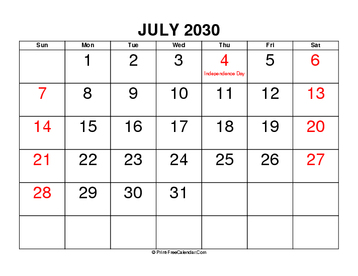 Large Font July 2030 Calendar With Usa Holidays Sunday Start, Landscape Layout