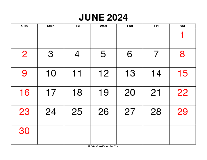 large font june 2024 calendar with uk-bank holidays, week start on sunday, Landscape orientation
