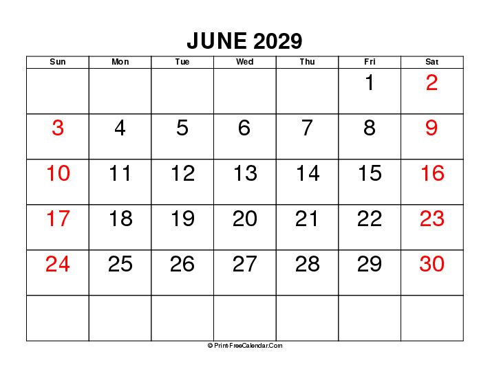 Large Font June 2029 Calendar With Usa Holidays Sunday Start, Landscape Layout