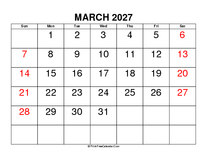 large font march 2027 calendar with usa holidays, week start on sunday, Landscape orientation