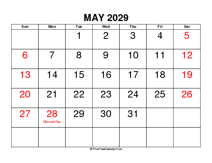 Large Font May 2029 Calendar With Usa Holidays Sunday Start, Landscape Layout