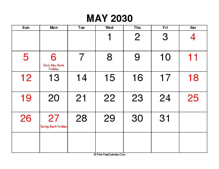 large font may 2030 calendar with uk-bank holidays, week start on sunday, Landscape orientation