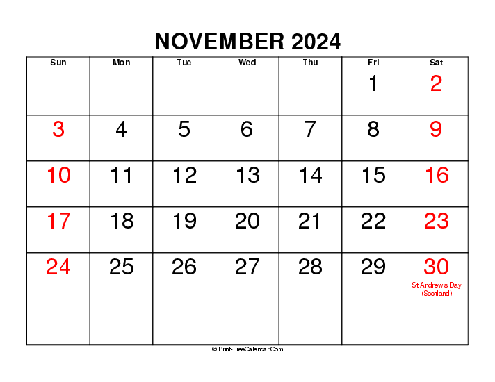 large font november 2024 calendar with uk-bank holidays, week start on sunday, Landscape orientation