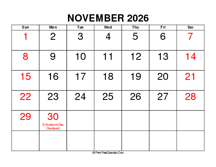 large font november 2026 calendar with uk-bank holidays, week start on sunday, Landscape orientation