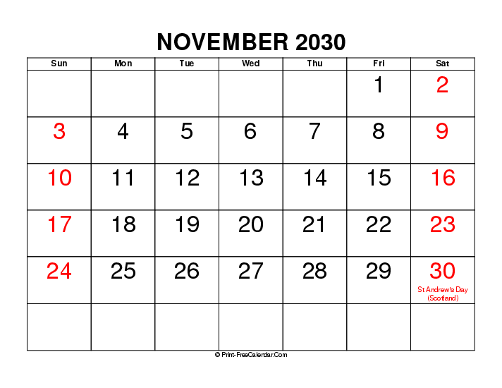 large font november 2030 calendar with uk-bank holidays, week start on sunday, Landscape orientation