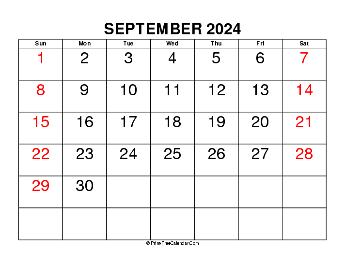 large font september 2024 calendar with uk-bank holidays, week start on sunday, Landscape orientation