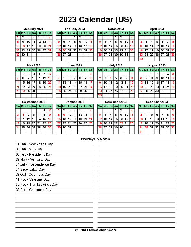 light green calendar 2023 with usa holidays, week start on sunday, Portrait orientation