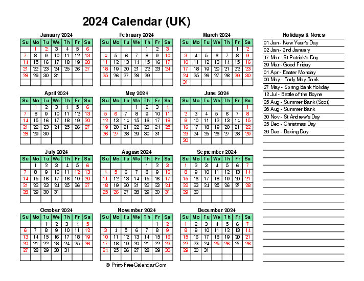 light green calendar 2024 with uk-bank holidays, week start on sunday, Landscape orientation