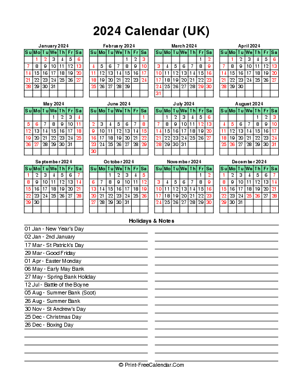 light green calendar 2024 with uk-bank holidays, week start on sunday, Portrait orientation